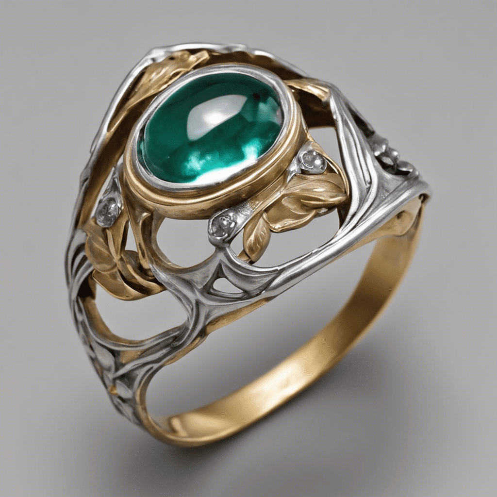 Bague bronze argent, pierre ovale verte florale