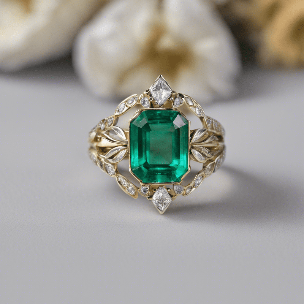 Bague florale sertissages multiples, émeraude centrale