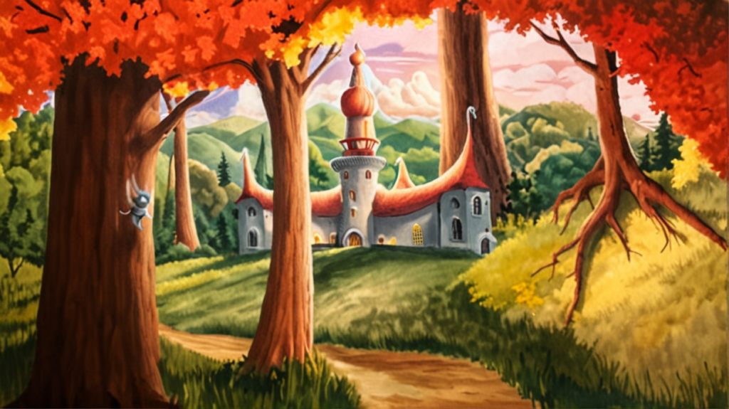 Fresque murale représentant la nature et un château, créée dans la chambre du neveu, offrant un univers imaginaire et enchanteur.