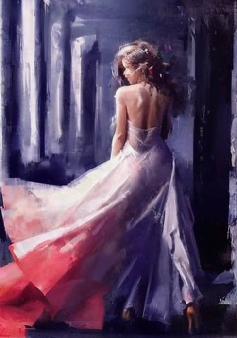 Peinture huile : Femme château