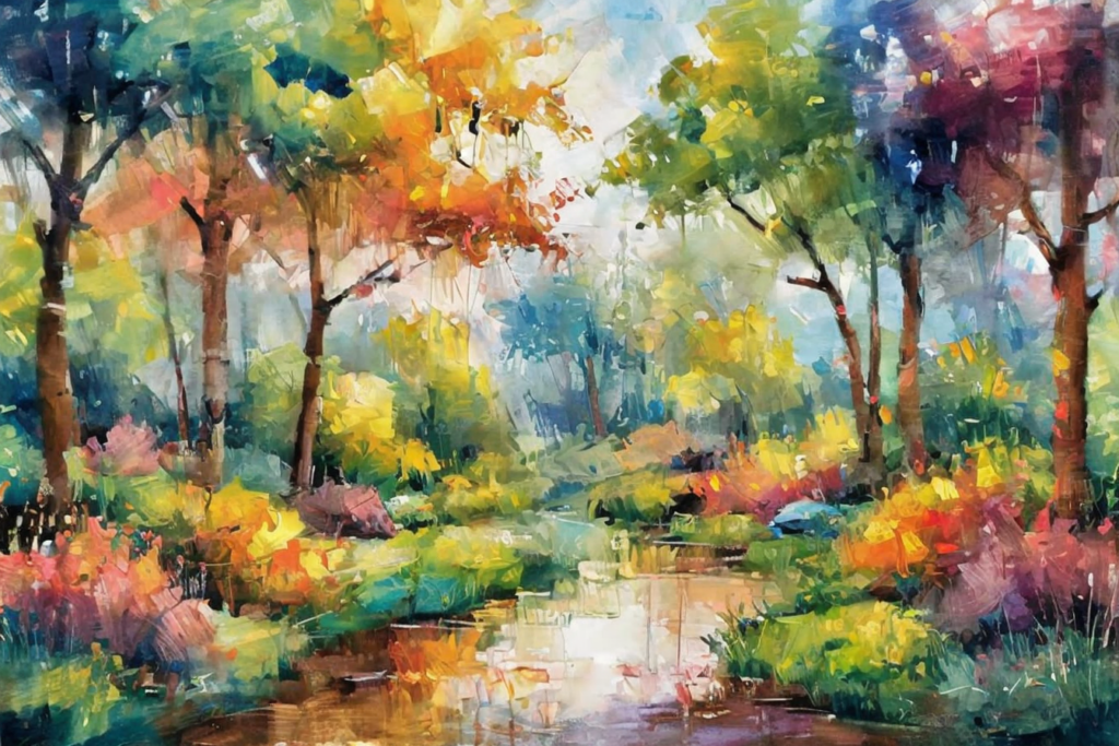 Peinture huile : Forêt rivière
