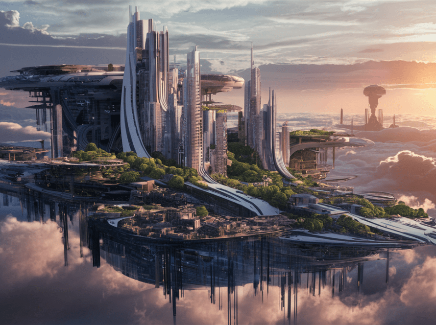 Rndu 3D d'une ville futuriste flottant au-dessus des nuages